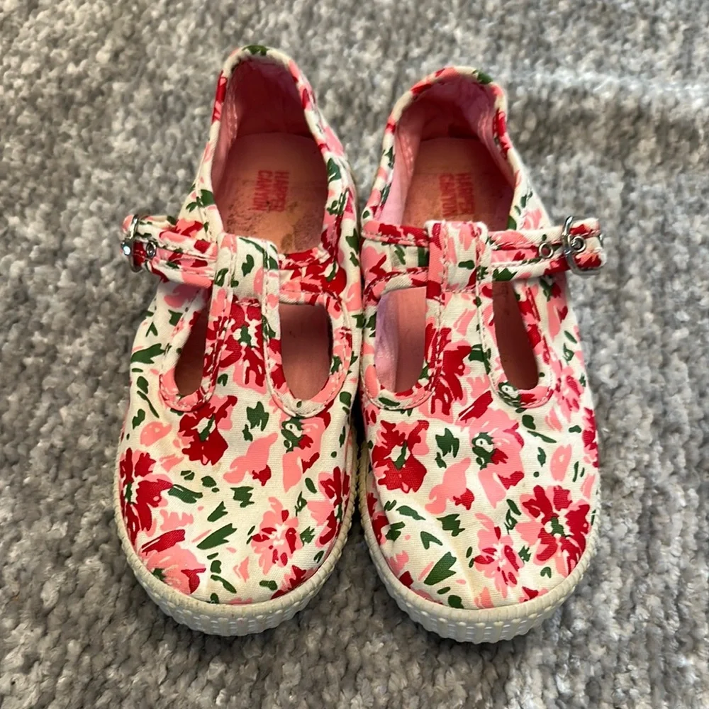 Pink and green floral canvas t-strap Mary Jane size 10